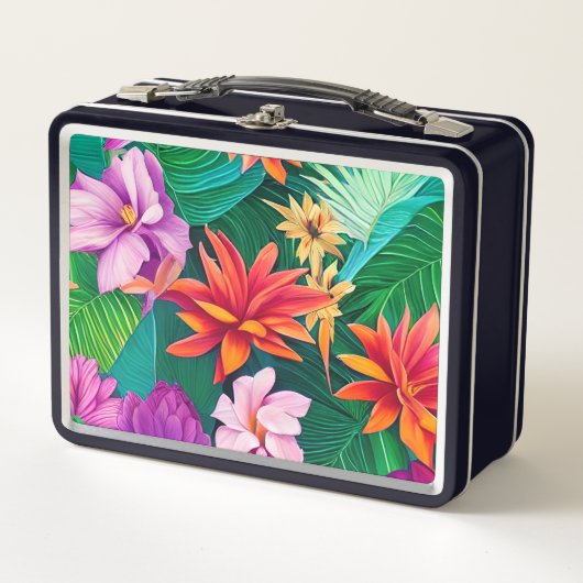 Farbenfrohe tropische Blume Muster Metall Brotdose (Vorderseite)