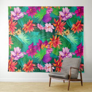 Farbenfrohe tropische Blume Muster Wandteppich