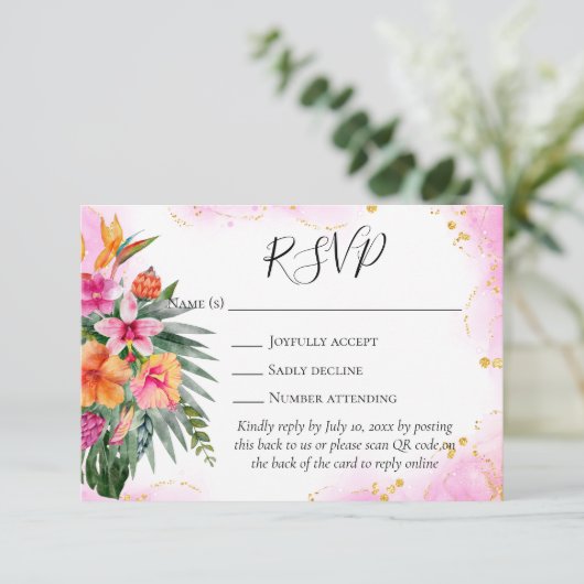 Farbenfrohe tropische Blume QR Code Hochzeit RSVP (Stehend Vorderseite)