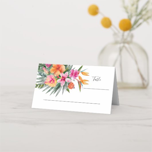 Farbenfrohe tropische Blume Rosa & Orange Hochzeit Platzkarte (Vorderseite)