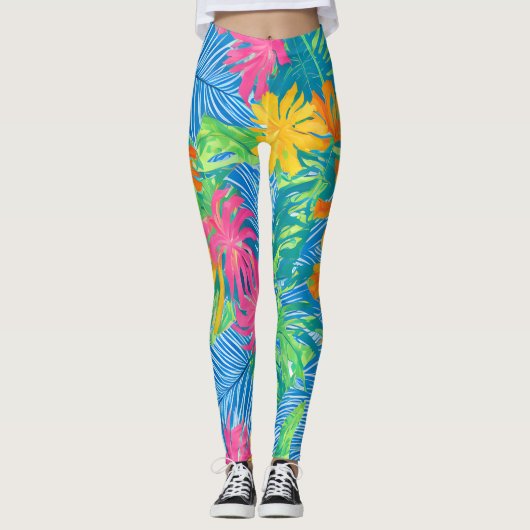 Farbenfrohe tropische Blume und Blätter Leggings (Vorderseite)