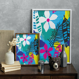 Farbenfrohe tropische Blume und botanische Blätter Poster