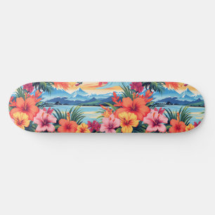 Farbenfrohe tropische Blume und Landschaften Skateboard