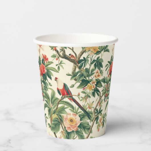 Farbenfrohe tropische Blume Vögel Pappbecher (Rückseite)