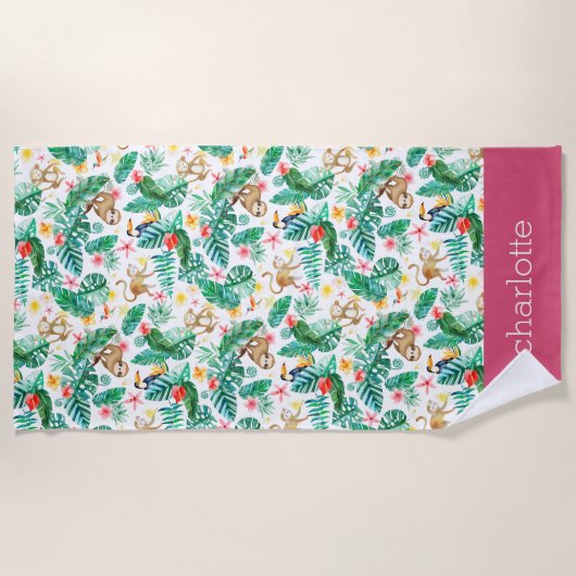 Farbenfrohe tropische Dschungeltiere Personalisier Strandtuch (Vorderseite)
