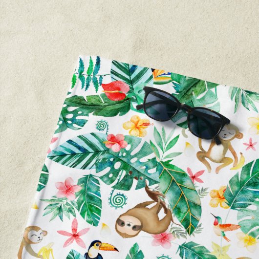 Farbenfrohe tropische Dschungeltiere Personalisier Strandtuch (Beispiel)