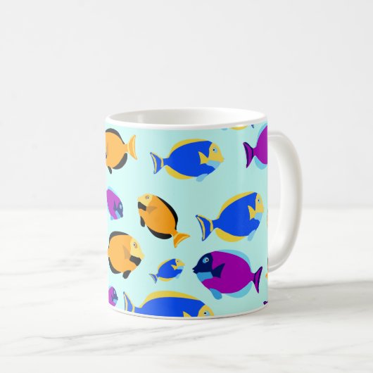 Farbenfrohe tropische Fischmuster im Blauen Meer Kaffeetasse (VorderseiteRechts)
