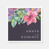 Farbenfrohe tropische Flora | Dunkle Lila Hochzeit Serviette (Vorderseite)