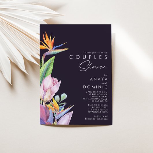 Farbenfrohe tropische Flora | Dusche für Lila Paar Einladung