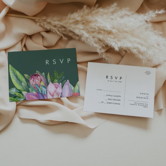 Farbenfrohe tropische Flora | Green Wedding RSVP Postkarte