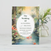 Farbenfrohe tropische Flora | Grüne Hochzeit Einladung (Stehend Vorderseite)