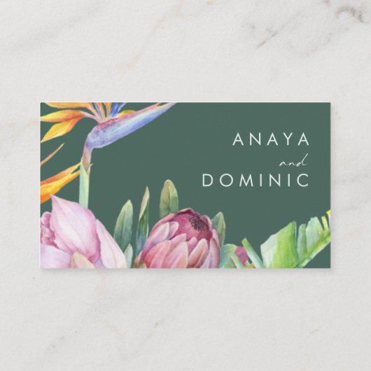 Farbenfrohe tropische Flora | Grüne Hochzeit Platzkarte (Rückseite)