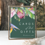 Farbenfrohe tropische Flora | Grüne Karten und Ges Poster<br><div class="desc">Diese farbenfrohe tropische Blüte | Grüne Karten und Geschenkschild ist perfekt für Ihre moderne boho Ziel grün, lila, pfirsichfarben Hochzeit. Das Design besticht durch ein elegantes Bouquet mit klassischen Aquarelltönen und Blume, darunter ein schlängelgrüner Eukalyptus, Lila und rote Protea, ein rot-rosa Hibiskus, ein orangefarbener und blauer Paradiesvogel und ein dunkelgrünes...</div>