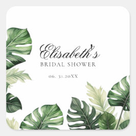 Farbenfrohe tropische Flora | Grünes Brautparty Quadratischer Aufkleber