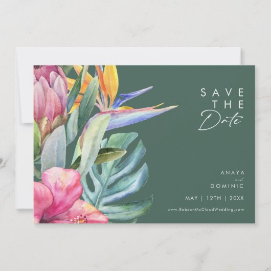 Farbenfrohe tropische Flora | Horizontal grün Save The Date (Vorderseite)