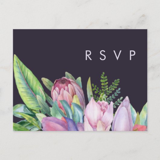 Farbenfrohe tropische Flora | Lila Hochzeit RSVP Postkarte (Vorderseite)