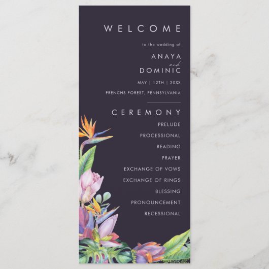 Farbenfrohe tropische Flora | Lila Hochzeitsprogra Programm (Vorderseite)
