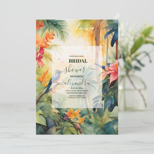 Farbenfrohe tropische Flora | Peach Brautparty Einladung (Stehend Vorderseite)