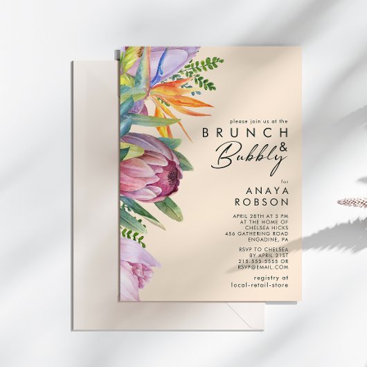 Farbenfrohe tropische Flora | Peach Brunch and Bub Einladung