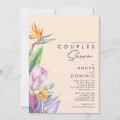 Farbenfrohe tropische Flora | Peach Couples Dusche Einladung (Vorderseite)
