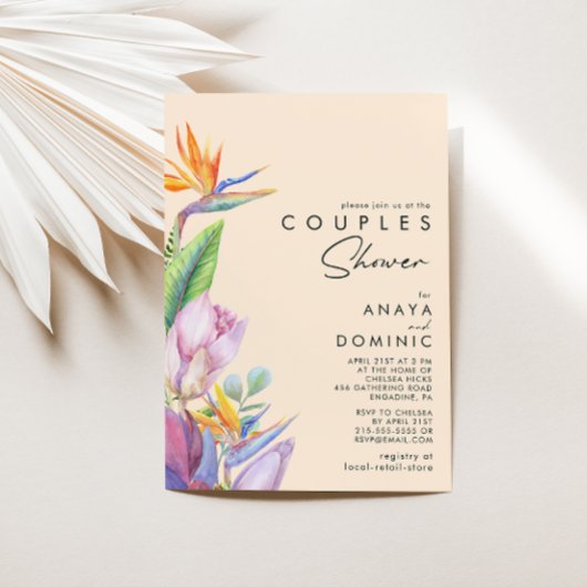 Farbenfrohe tropische Flora | Peach Couples Dusche Einladung