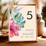 Farbenfrohe tropische Flora | Peach Tischnummer<br><div class="desc">Diese farbenfrohe tropische Blüte | pfirsichfarbene Tischnummer ist perfekt für Ihr modernes boho Ziel, grün, lila, pfirsicheig Hochzeit. Das Design besticht durch ein elegantes Bouquet mit klassischem Aquarell und Blume, zu denen u.a. Salbeigrün Eukalyptus, Lila und Rot Protea, rot-rosa Hibiskus, Orange und Blau des Paradieses und dunkelgrüne Palmenblätter zählen. Das...</div>