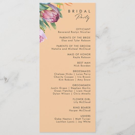 Farbenfrohe tropische Flora | Peach Wedding Progra Programm (Rückseite)