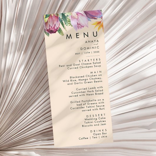 Farbenfrohe tropische Flora | Peach Weddinner Menükarte