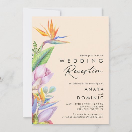 Farbenfrohe tropische Flora | Peach Wedeption Einladung (Vorderseite)