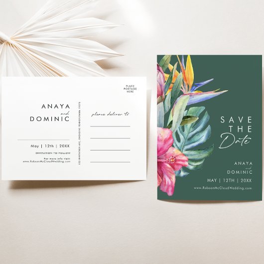 Farbenfrohe tropische Flora | Save the Date grün Einladungspostkarte