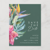Farbenfrohe tropische Flora | Save the Date grün Einladungspostkarte (Vorderseite)