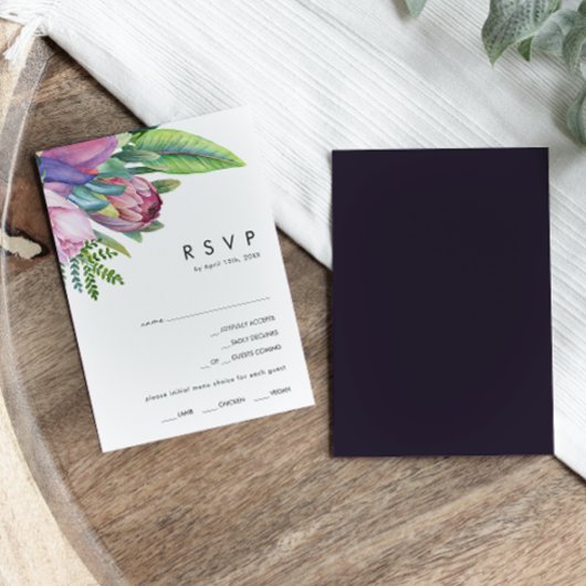 Farbenfrohe tropische Flora | UAWG zur Lila Menüau RSVP Karte