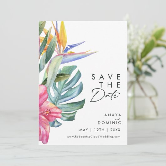 Farbenfrohe tropische Flora | Vertical Save The Date (Stehend Vorderseite)