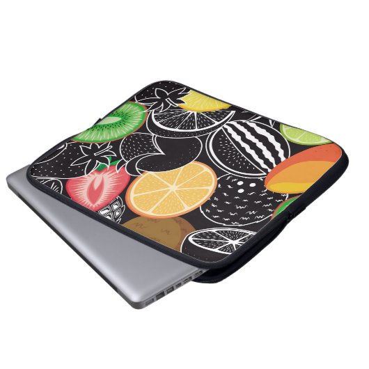Farbenfrohe tropische Früchte, schwarzer Hintergru Laptopschutzhülle (Vorne Knopf)