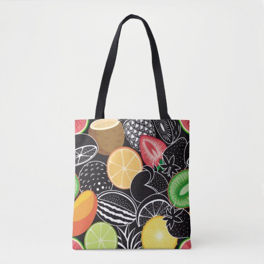 Farbenfrohe tropische Früchte, schwarzer Hintergru Tasche (Vorderseite)