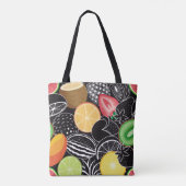 Farbenfrohe tropische Früchte, schwarzer Hintergru Tasche (Rückseite)