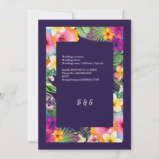 Farbenfrohe tropische hawaiianische Hochzeit Einladung (Rückseite)