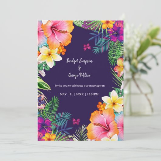 Farbenfrohe tropische hawaiianische Hochzeit Einladung (Stehend Vorderseite)