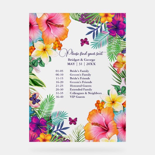 Farbenfrohe tropische hawaiianische Hochzeitssitze Acrylschild (Vorderseite)