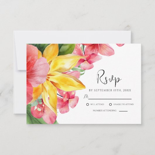 farbenfrohe tropische Hochzeit mit exotischen Pfla RSVP Karte (Vorderseite)