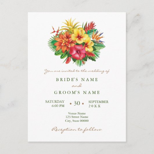 Farbenfrohe tropische Hochzeit Postkarte (Vorderseite)