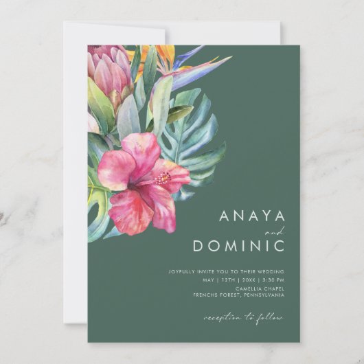 Farbenfrohe tropische Lässige Grün in einer Hochze Einladung (Vorderseite)