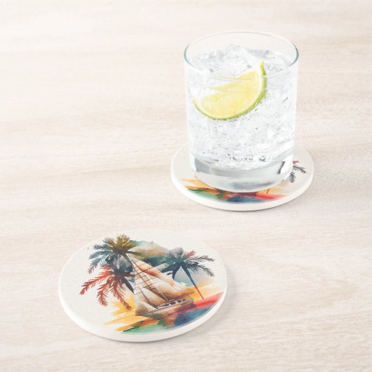 Farbenfrohe tropische Palme und Sailboat Sandstone Getränkeuntersetzer (Seite)