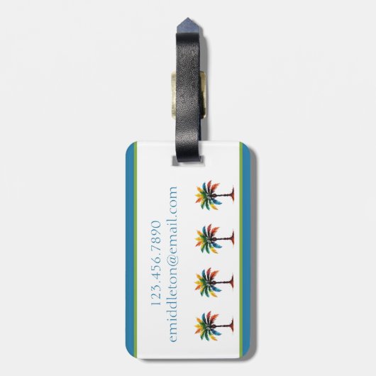 Farbenfrohe tropische Palmenbaum-Monogramm Gepäckanhänger (Rückseite vertikal)
