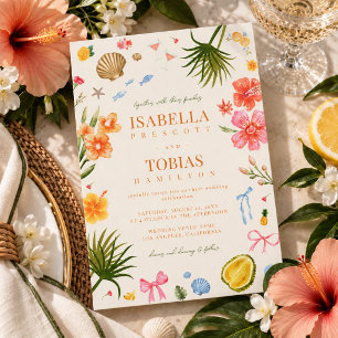 Farbenfrohe tropische Palmenstrand-Insel-Hochzeit Einladung