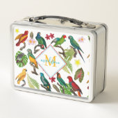 Farbenfrohe tropische Papageien-Blätter, Blume-Mon Metall Brotdose (Rückseite)