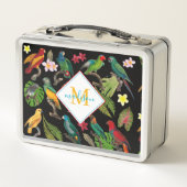 Farbenfrohe tropische Papageien-Blätter, Blume-Mon Metall Brotdose (Rückseite)