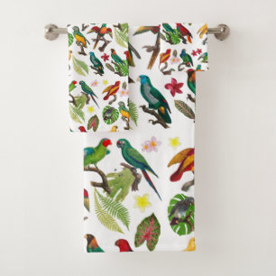 Farbenfrohe tropische Papageien, Blätter und Blume Badhandtuch Set