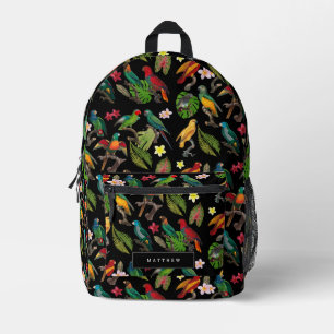Farbenfrohe tropische Papageien, Blätter und Blume Bedruckter Rucksack