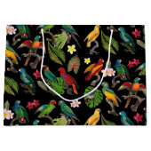 Farbenfrohe tropische Papageien, Blätter und Blume Große Geschenktüte (Vorderseite)